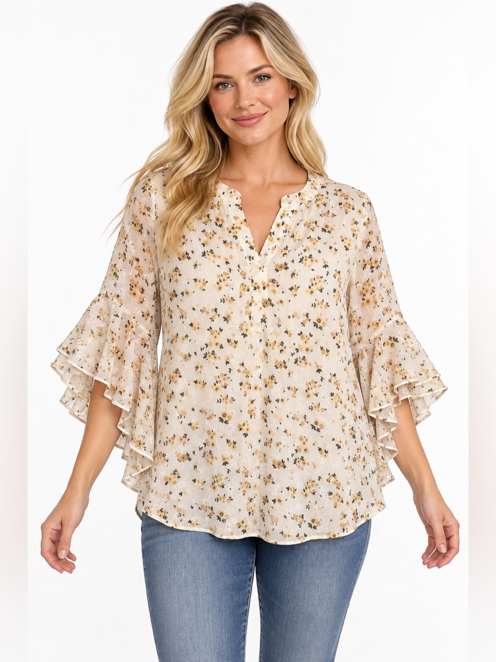 Timeson Size Large Boho Women’s Cream Floral Ruffle Sleeve Blouse